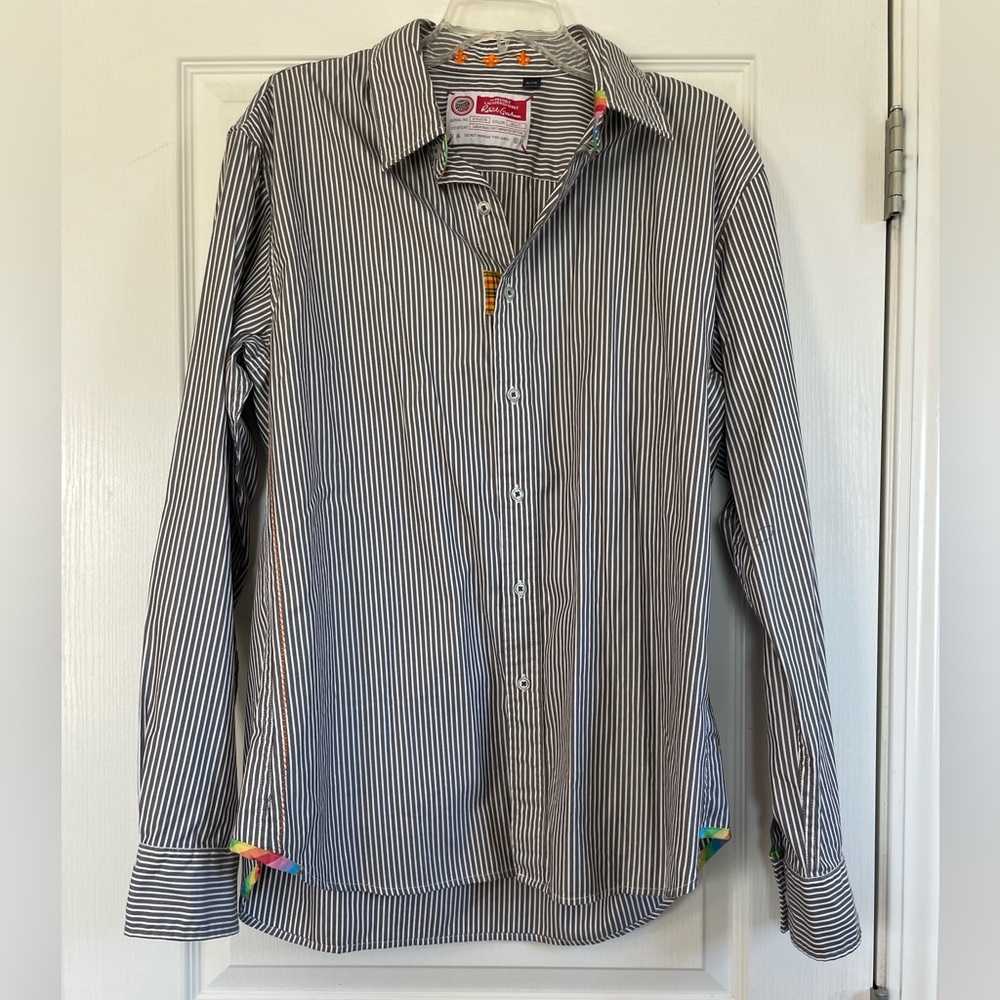 Robert Graham Gray White Striped The Freshly Laundered Shirt  Rainbow Detail XL